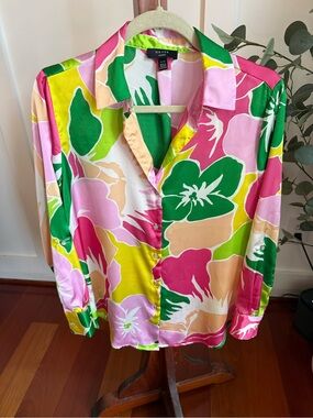 HAVER London Tropical Floral Button-Up in Pink, Green & Peach